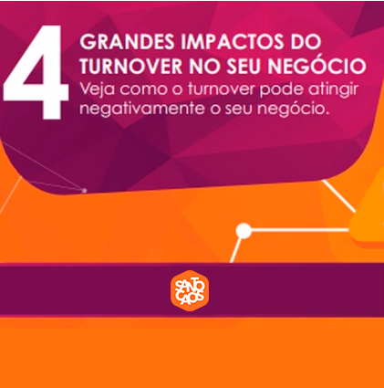Capa do infográfico, com o título em cor branca: "4 grandes impactos do turnover no seu negócio", sobre fundo rosa e laranja