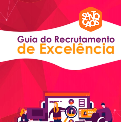 Capa do ebook com o título "Guia do recrutamento de excelência" nas cores roxa e laranja, com o fundo da capa rosa e branco.